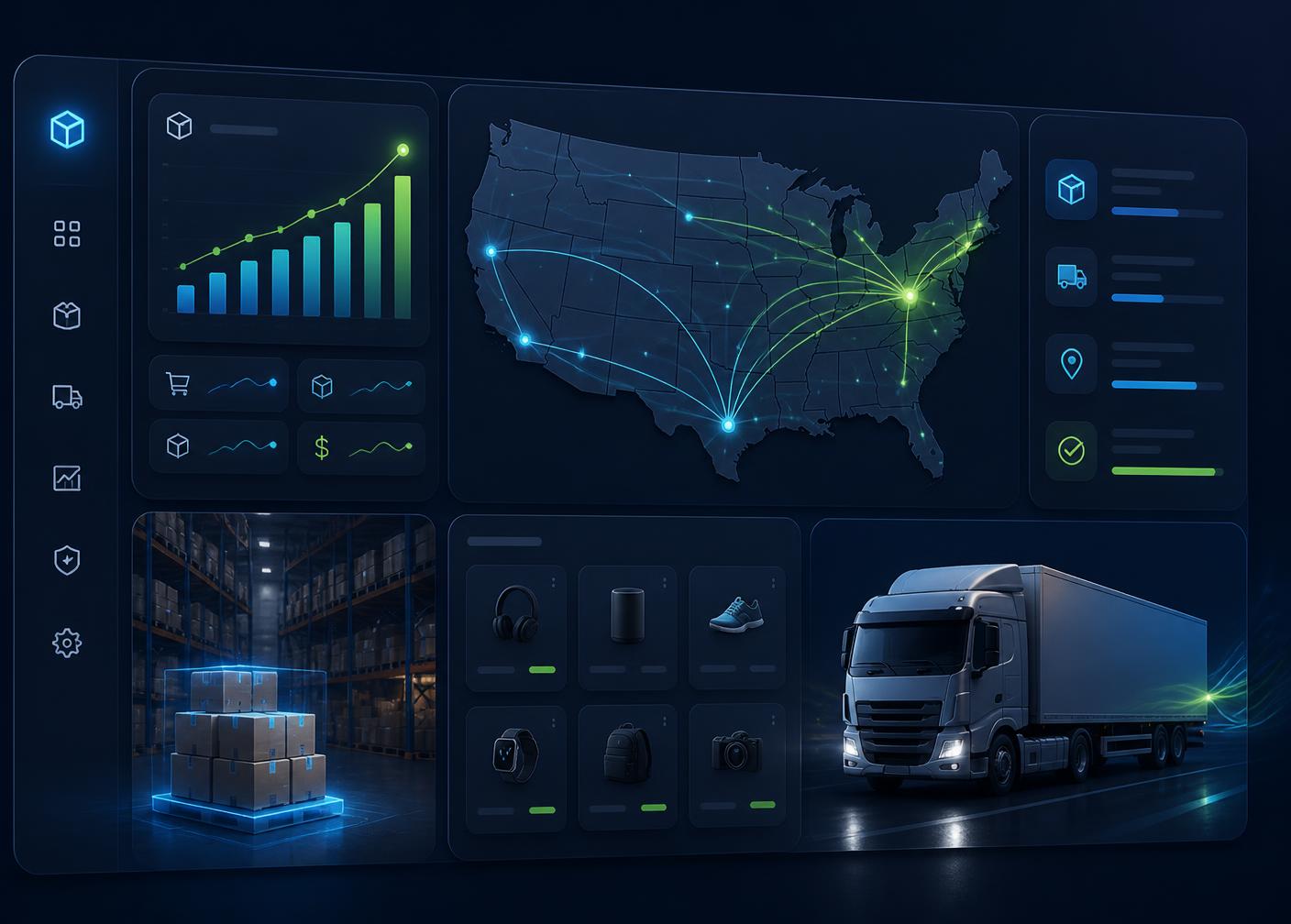 Blomora IND warehouse dashboard showing US shipping routes, live order analytics, and same-day fulfillment